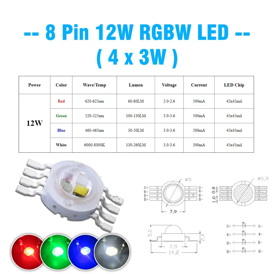 1-100pcs High Power 12W 8Pins Four In One RGBW LED Chip Red Green Blue White Dance Lamp LED Stage Light Full Color Light Beads