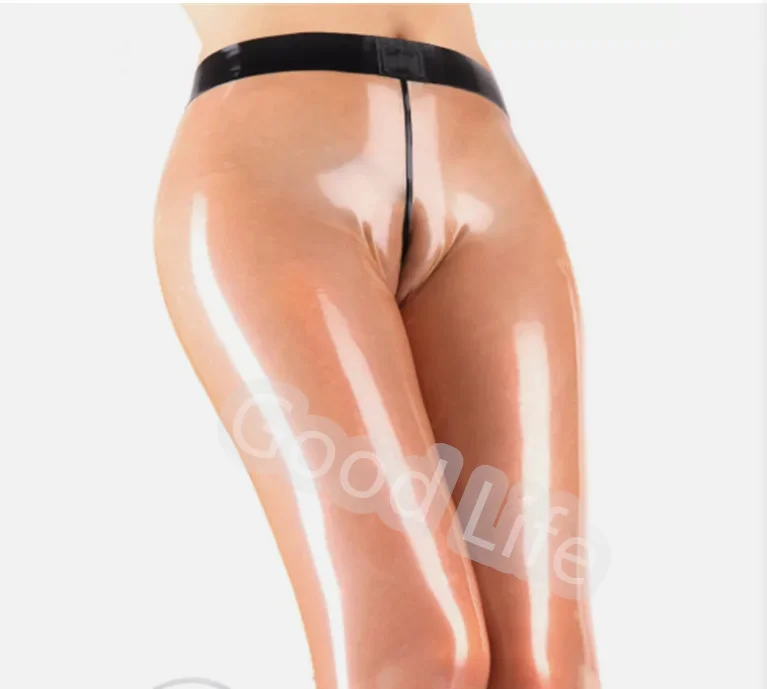 

100% резиновые латексные женские брюки Fetish Gummi, женские брюки с высокой талией, сексуальные прозрачные брюки с черной отделкой, прикрепленные носки
