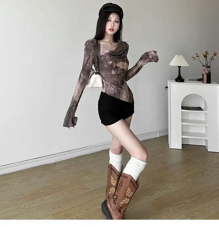 تي شيرت ياباني أنيق عتيق Y2k للنساء موضة الاتجاه كل مباراة تي شيرت ربيع الخريف جديد غير منتظم سليم صالح تي شيرت #4