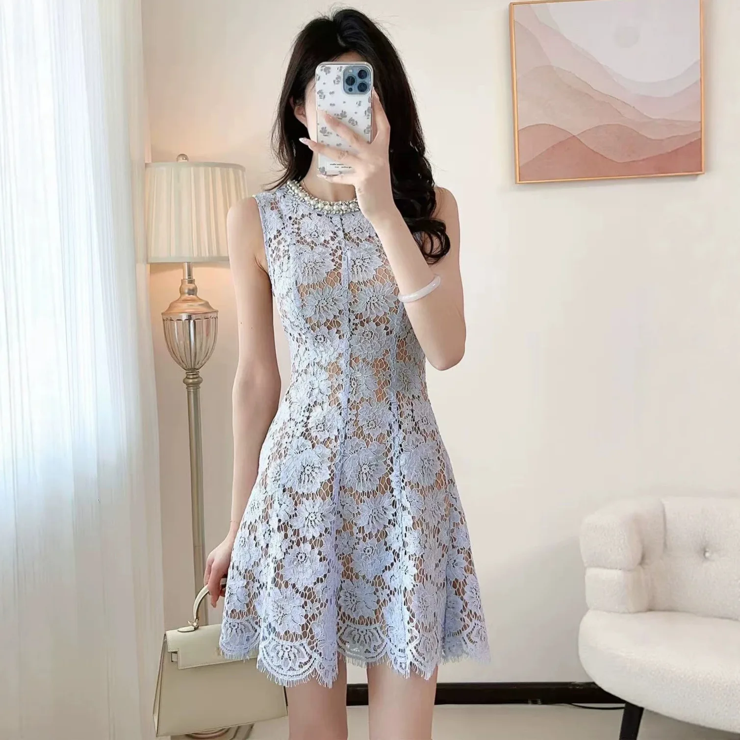 

Elegant Round Neck Lace Hem Dress Solid Slimming Spliced Diamonds Sleeveless Short Dress Lady Evening Cocktail Party Gowns
