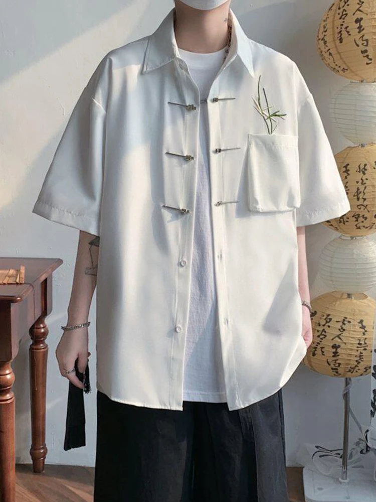 

Ele Bamboo Le Embroidery Ice Silk Button Men's irt Summer New Chinese Sle Casual Retro irt Stand Fit ort Sve