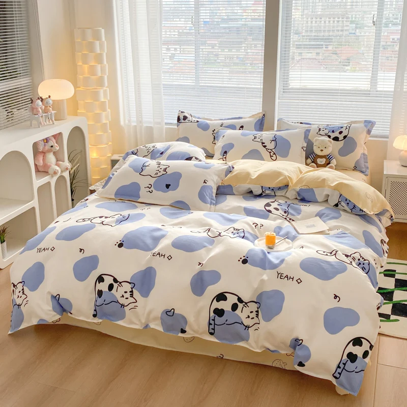 Cute Cartoon Cat Duvet Cover Reversible Yellow Comforter Cover Blue Geometric Pattern Bedding Set with Flat Sheet and Pillowcase