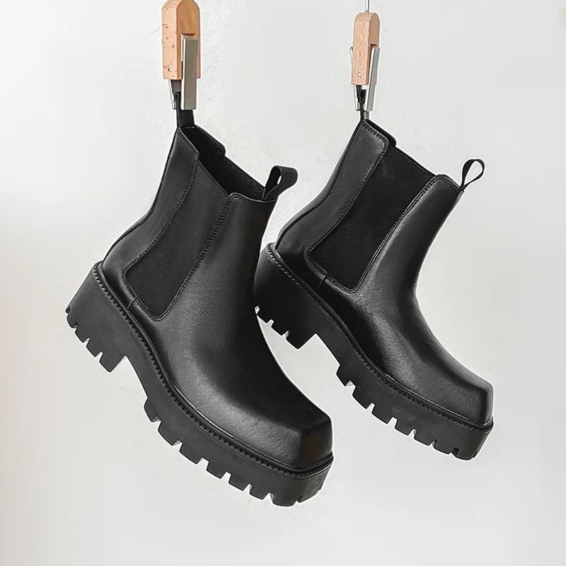 

Men Boots Chelsea Pu Leather Slip On Square Toe Platform Increasing Ankle Shoes Casual High Street Vintage Luxury Sneakers Owen