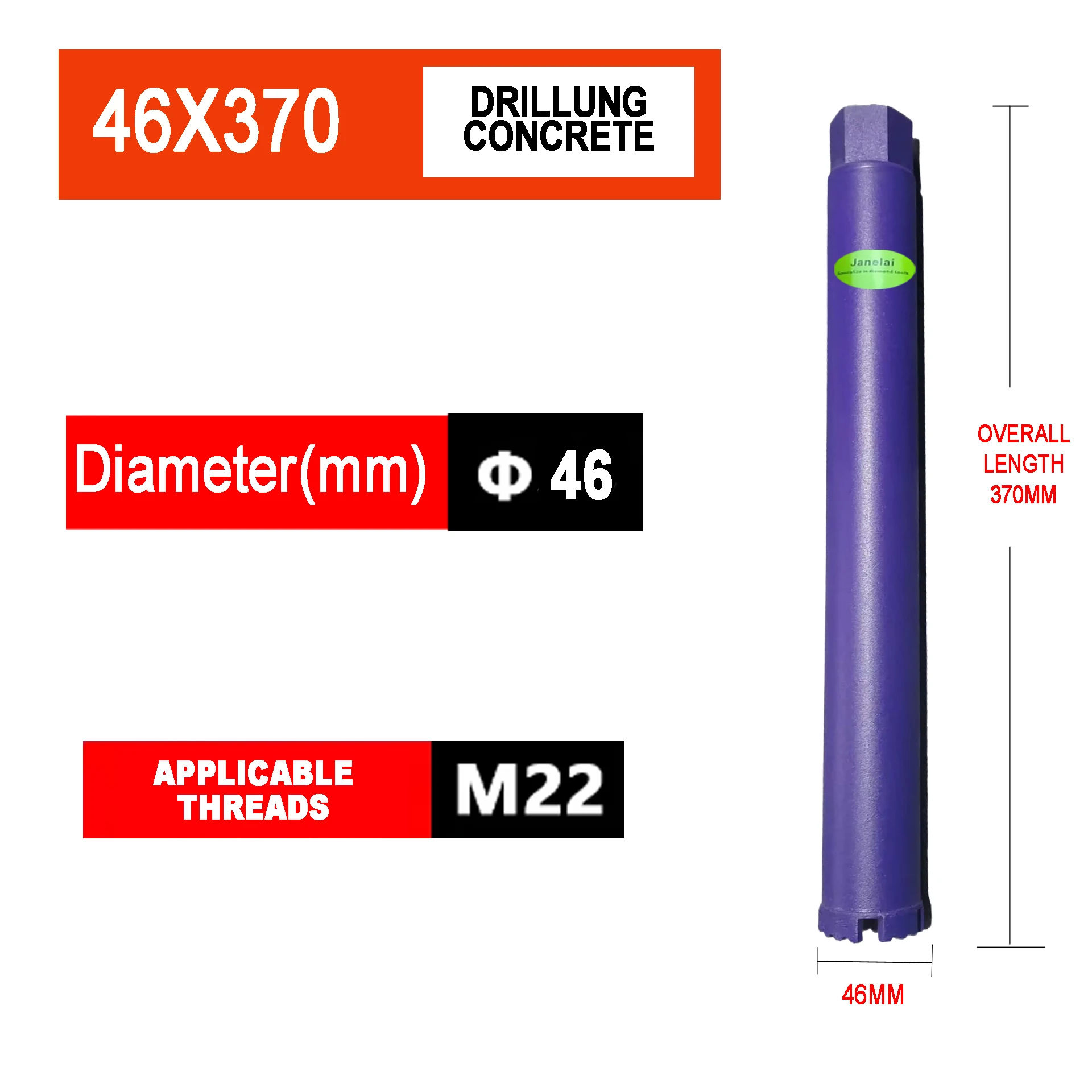 

Диапазон диаметра Janelai, длина 46x370 мм, алмазная кольцевая пила, сверло для глубоких отверстий для сверления отверстий в бетоне/кирпичной стене