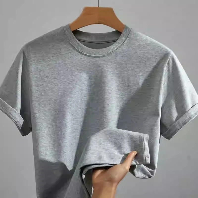 

European and American pure cotton shoulder short-sleeved T-shirt men's thick solid color round neck four-season bottoming shirt