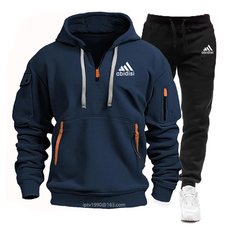 Men\'s designer clothing casual jogging tracksuit multi-pocket zipper hoodie + Black trousers autumn and winter two-piece set