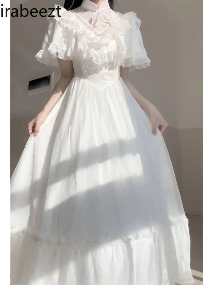 Fashion Tea Break French Gentle Style White Puffed Sleeve Robe Summer Escape Princess Vintage Birthday Dress for Women