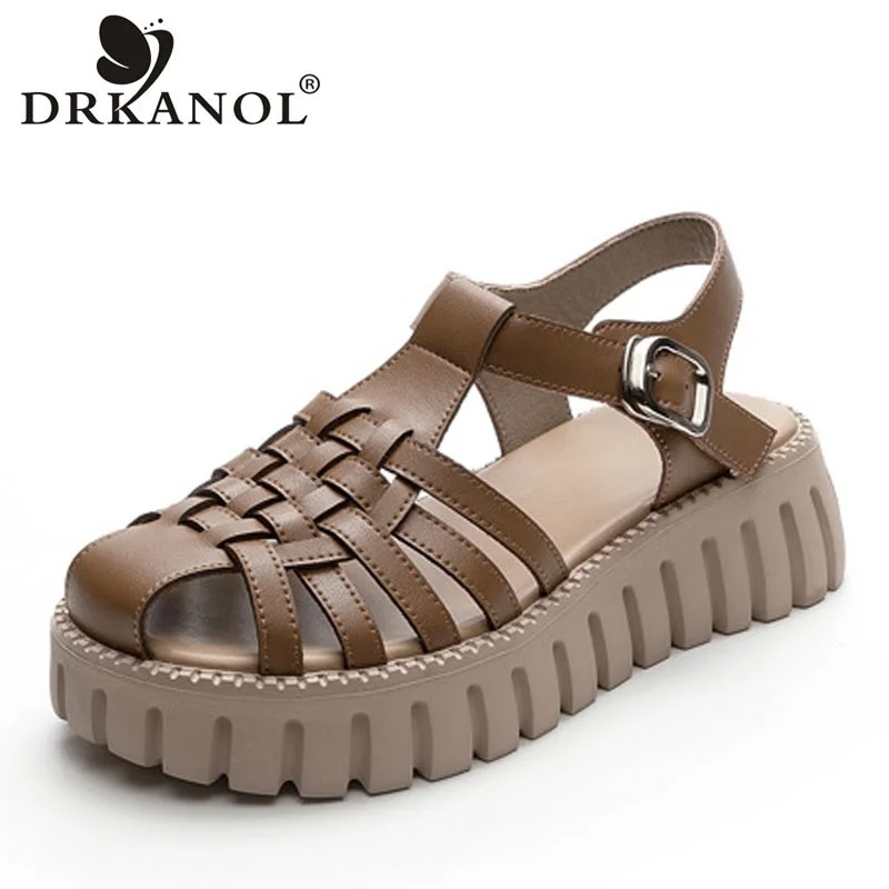 DRKANOL 2024 Handmade Weave Chunky Sandals Women Summer Genuine Leather Buckle Jagged wedges Heel Platform Casual Roman Sandals