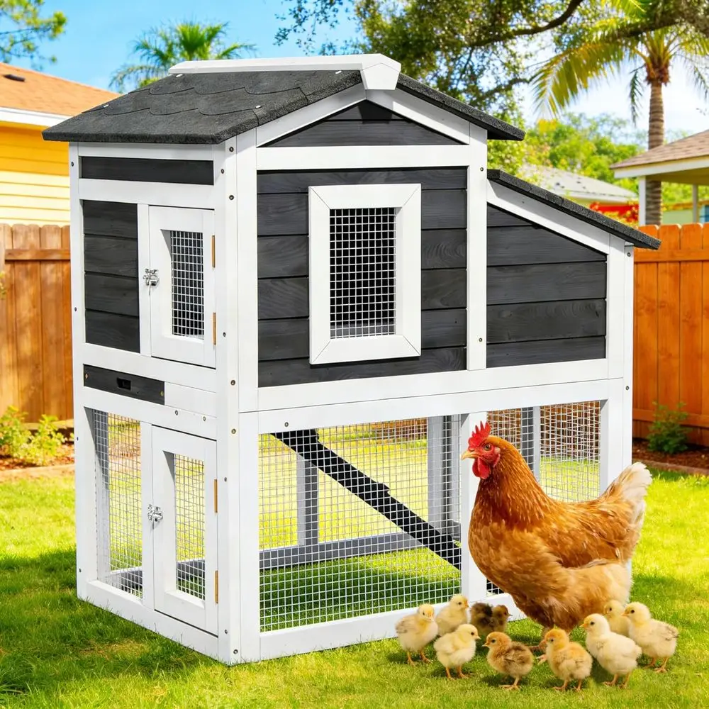 

2 Chickens Wooden Coop with Nesting Boxes, Indoor Outdoor Predator-Proof Bunny House, Rabbit Hutch Poultry Pet Tractor Cage, Wat
