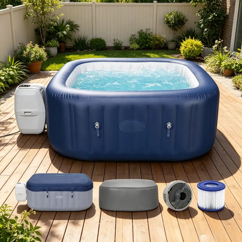 SaluSpa AirJet 4 to 6 Person Inflatable Hot Tub Square Portable Outdoor Spa with 140 AirJets and EnergySense Energy Saving Cover