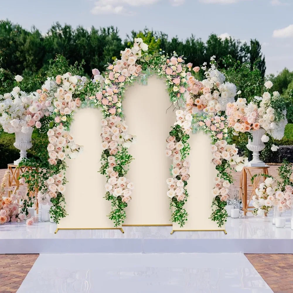 

3 Sets Gold Metal Wedding Arch Arched Backdrop Stand and 3 Pcs Arch Cover 6ft/5ft/4ft Garden Arbor Frame Birthday Party Ceremony