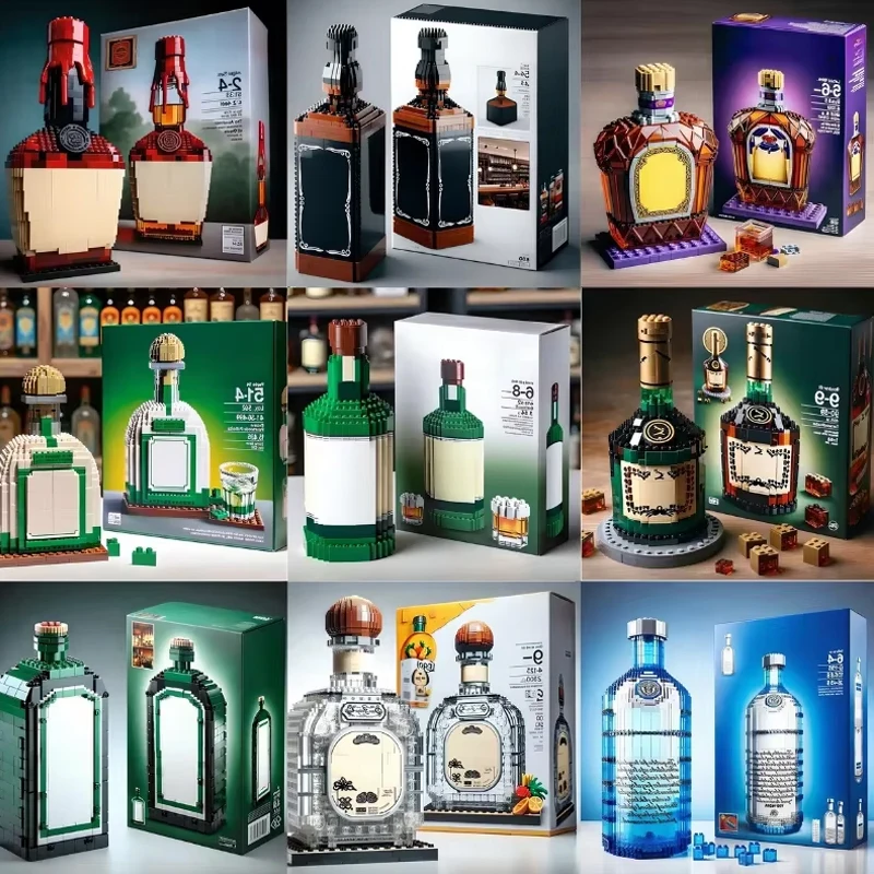 Creatieve whiskyfles bouwstenen, 3D-puzzel DIY-modelsets voor volwassenen, thuisbardecoratie, 11 stijlen beschikbaar