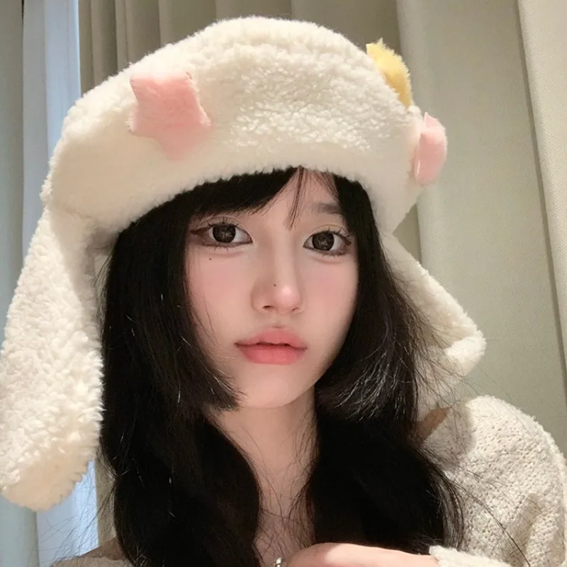 Japanese Cute Lamb Wool Star Decoration Long Rabbit Ear Beret Women\'s Autumn and Winter Warm Sweet Versatile Fashion Painter Hat