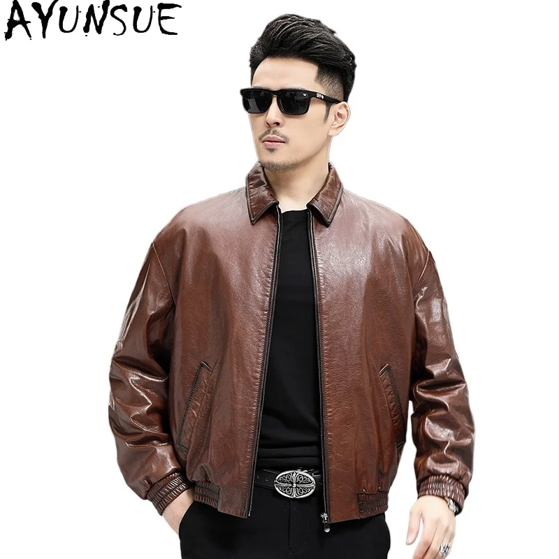 

AYUNSUE Genuine Cowhide Leather Jackets Man Short Man Leather Jacket Lapels Fashion Motorcycle Thin Brown Leather Coat 진짜 가죽