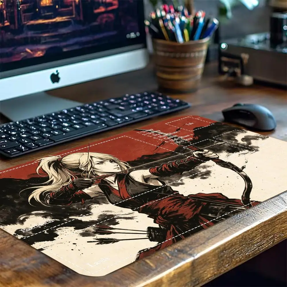 Vintage Ink Samurai AnimeGirl Large Extended Game Playmat Non-Slip Rubber Stitched Edges For Trading Card Game Gaming Desk Setup