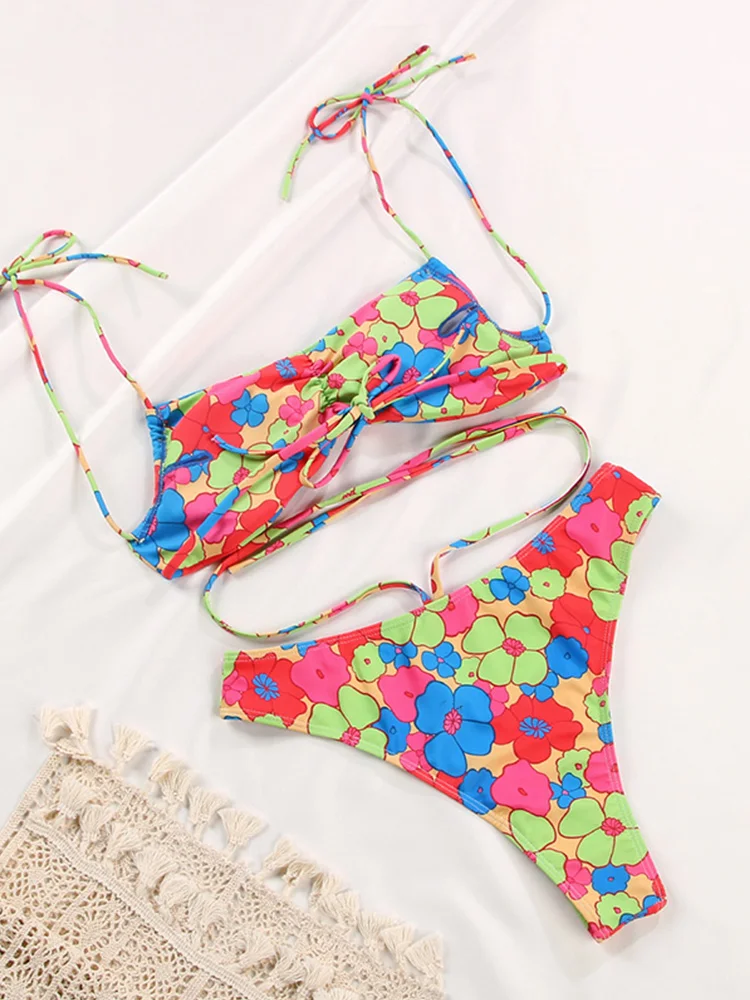 Smvp Bikini Set Bandage Swimwear Women 2026 Floral Printed Swimsuits Pleated Bathing Suit High Cut Biquini Mujer Beach Wear