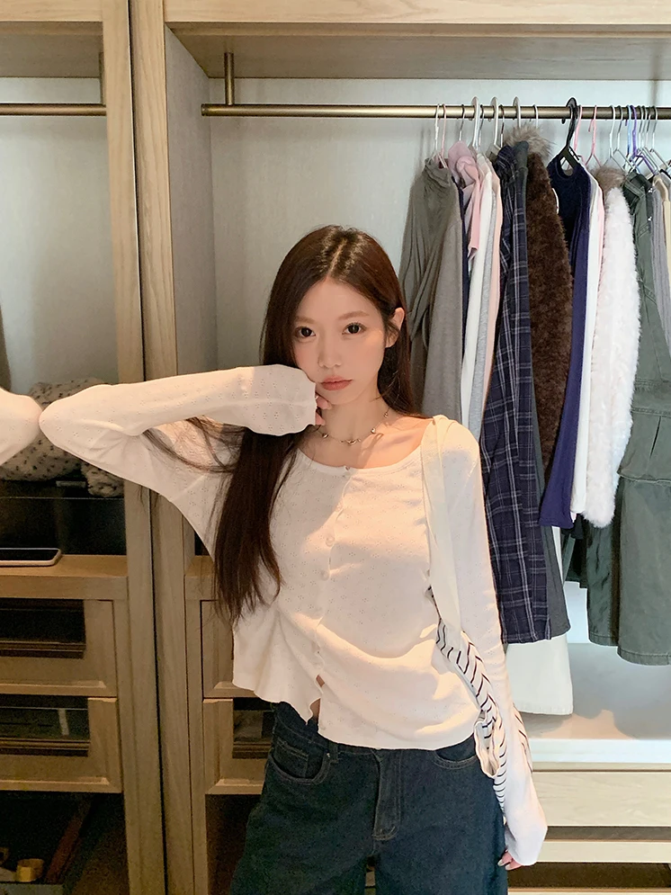 

Elegant White Knitted Long Sleeve Hollow out Cardigan Women's Spring Fashion Soft Versatile Outerwear Top Kumikumi Anti-Aging