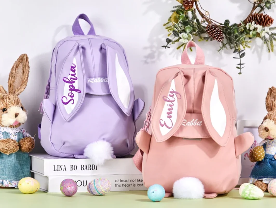 Sac à Dos Lapin Brodé Personnalisé avec Nom pour Garçon et Fille, Cartable d'École avec Monogramme pour Enfant