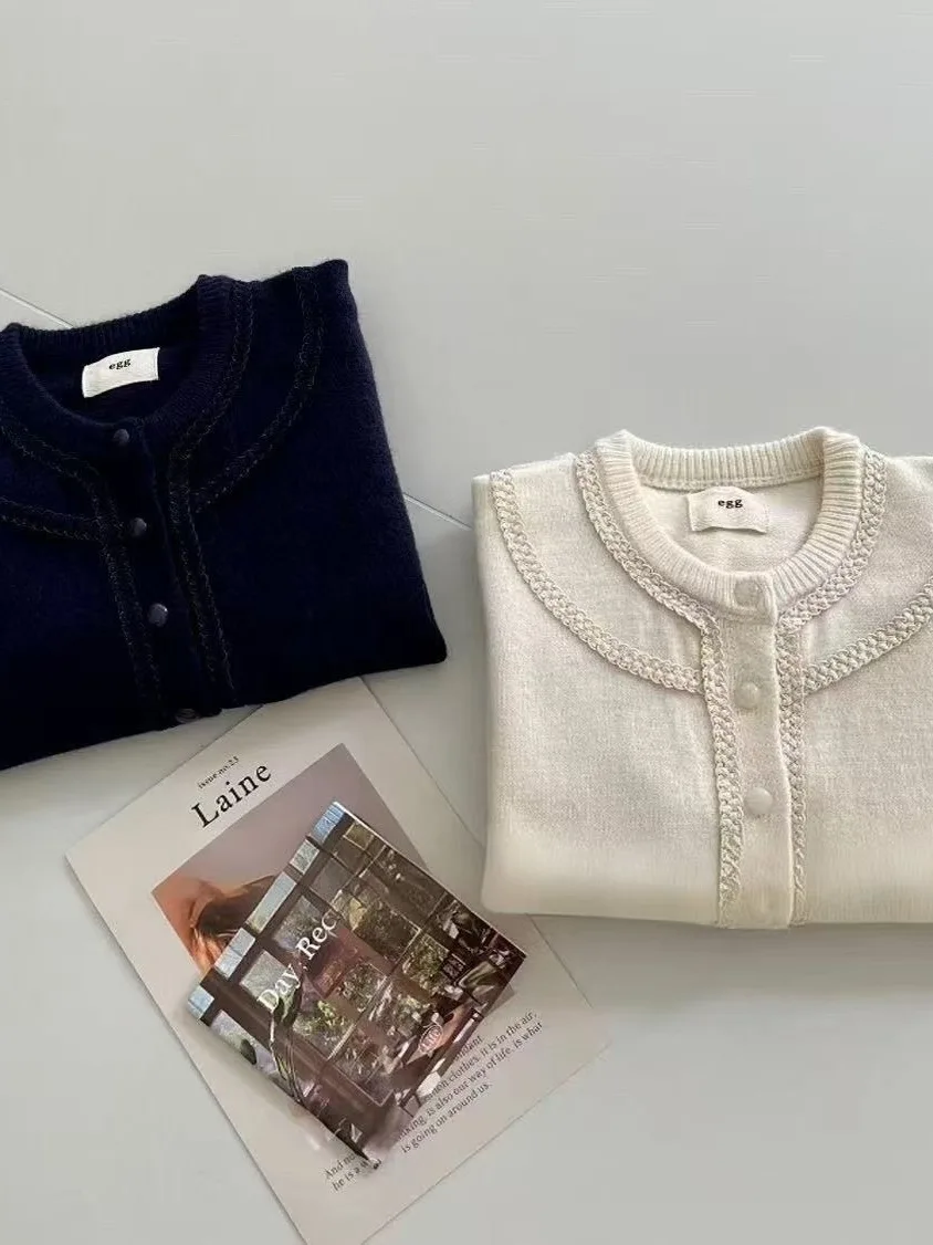 

Korean Sle Knitted Open Cardigan Women's Soft Plaet Embroidered Wheat Spike Lace Jade Bule Autumn Winter New Gentle A...