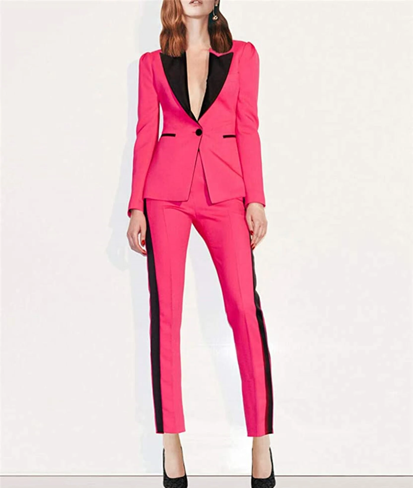 자켓 + 바지 Women's Splicing 컬러 비즈니스 정장 Women's Office Uniforms 여성 정장 슈트 바지 세트 Fit Women's Tuxedos