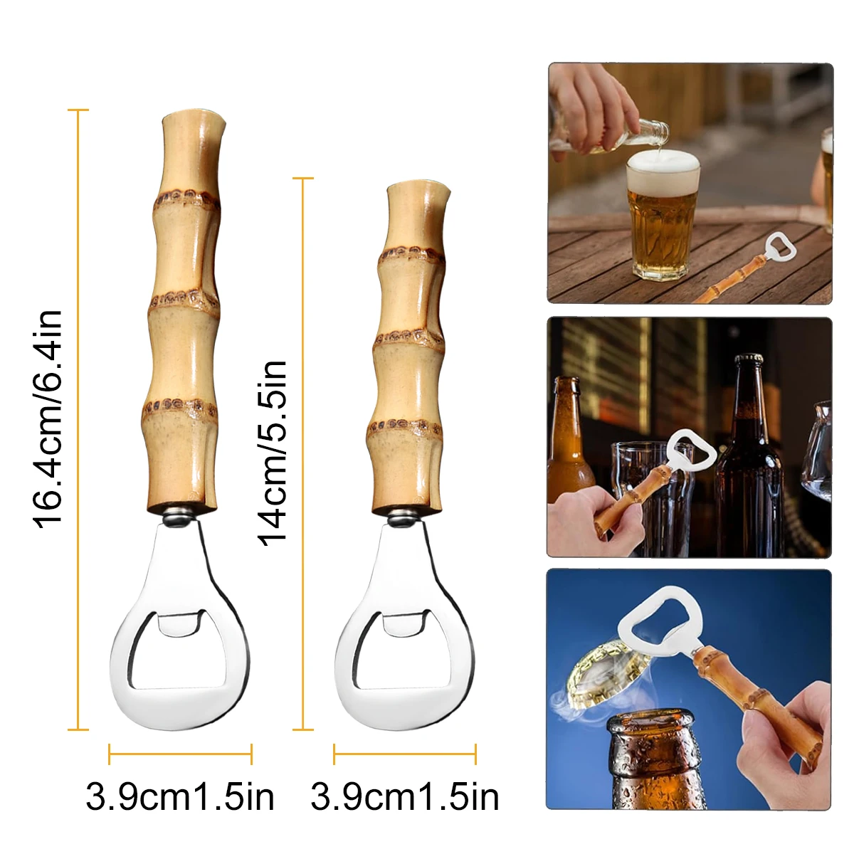 Leeseph Stainless Steel Beer Opener with Bamboo Handle, Bartender Corkscrew, Drink Opening Tool for Retro Restaurant Bar Kitchen