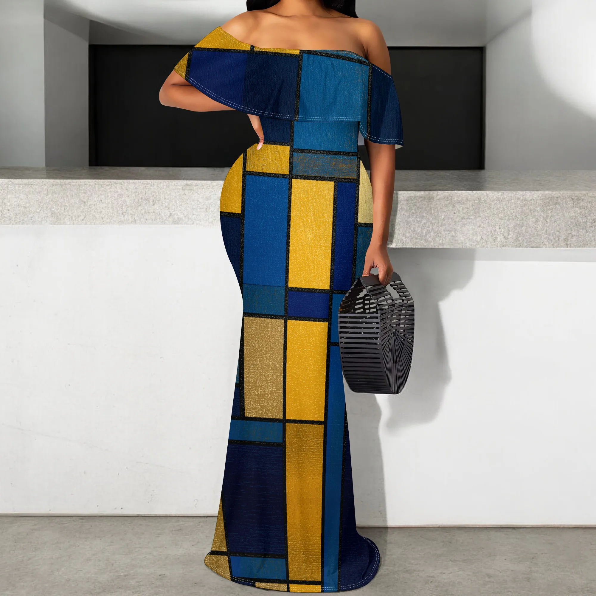

Women's Sexy Off Shoulder Maxi Dress Elegant Geometric Print Ruffle Party Gown Bodycon Fishtail Mermaid Dresses