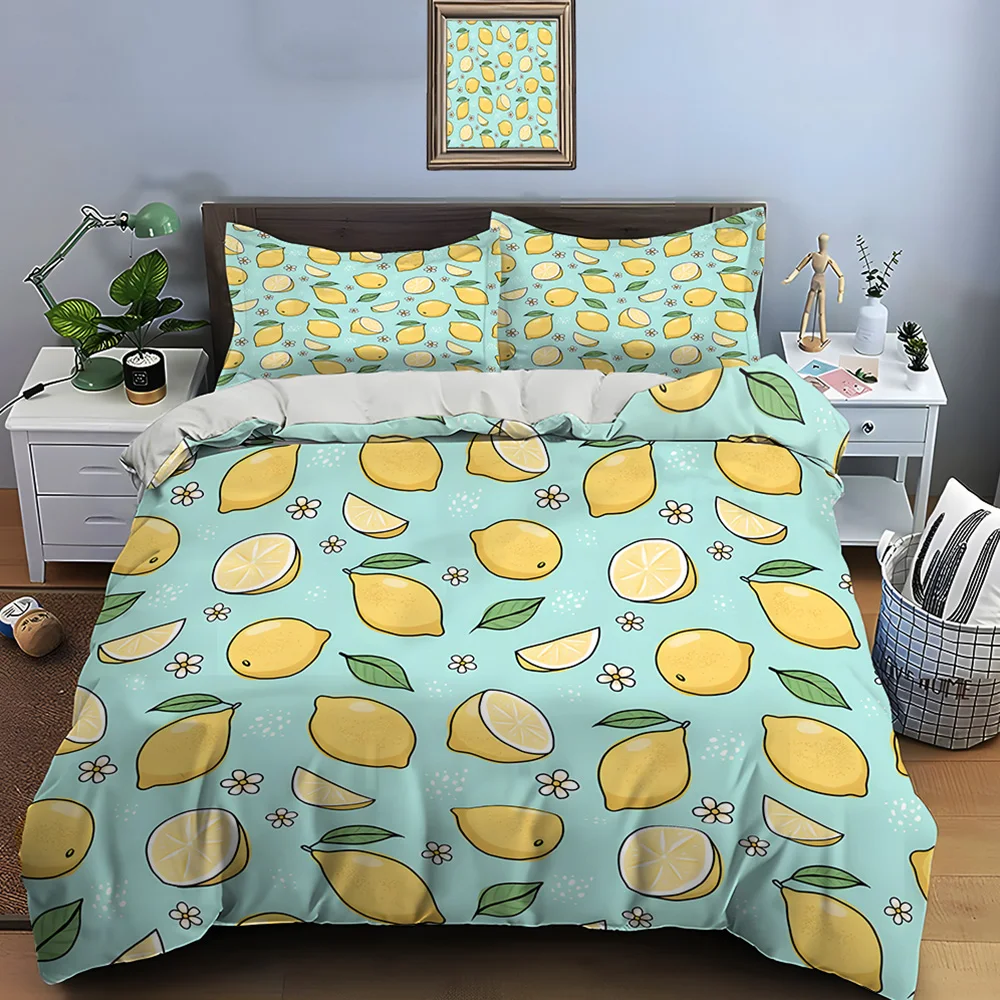 Lemon and Leaf Fresh Pattern Print Bedding Set 1 Duvet Cover 2 Pillowcases for Adult and Children Luxury Gift Full Size