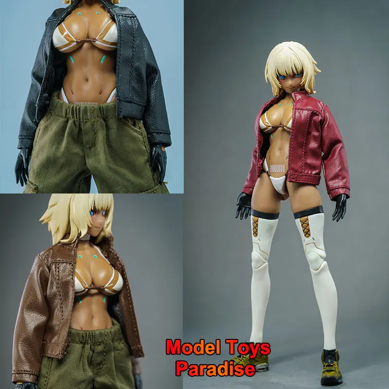 1/12 Woman Soldier Slim Stand Up Collar Leather Jacket Large Pocket Work Pants Fit 6inch romankey Action Figure Body