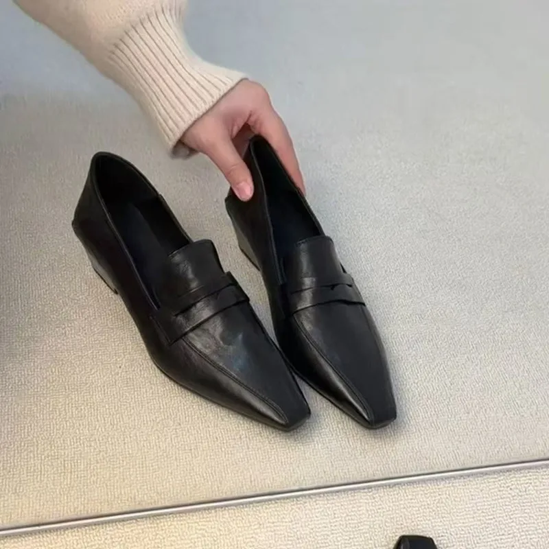 

Runway Newest Pumps Women Square Toe Real Cowhide Leather Single Shoes Ladies Sexy Party Banquet Dress Shoes Zapatos De Mujer