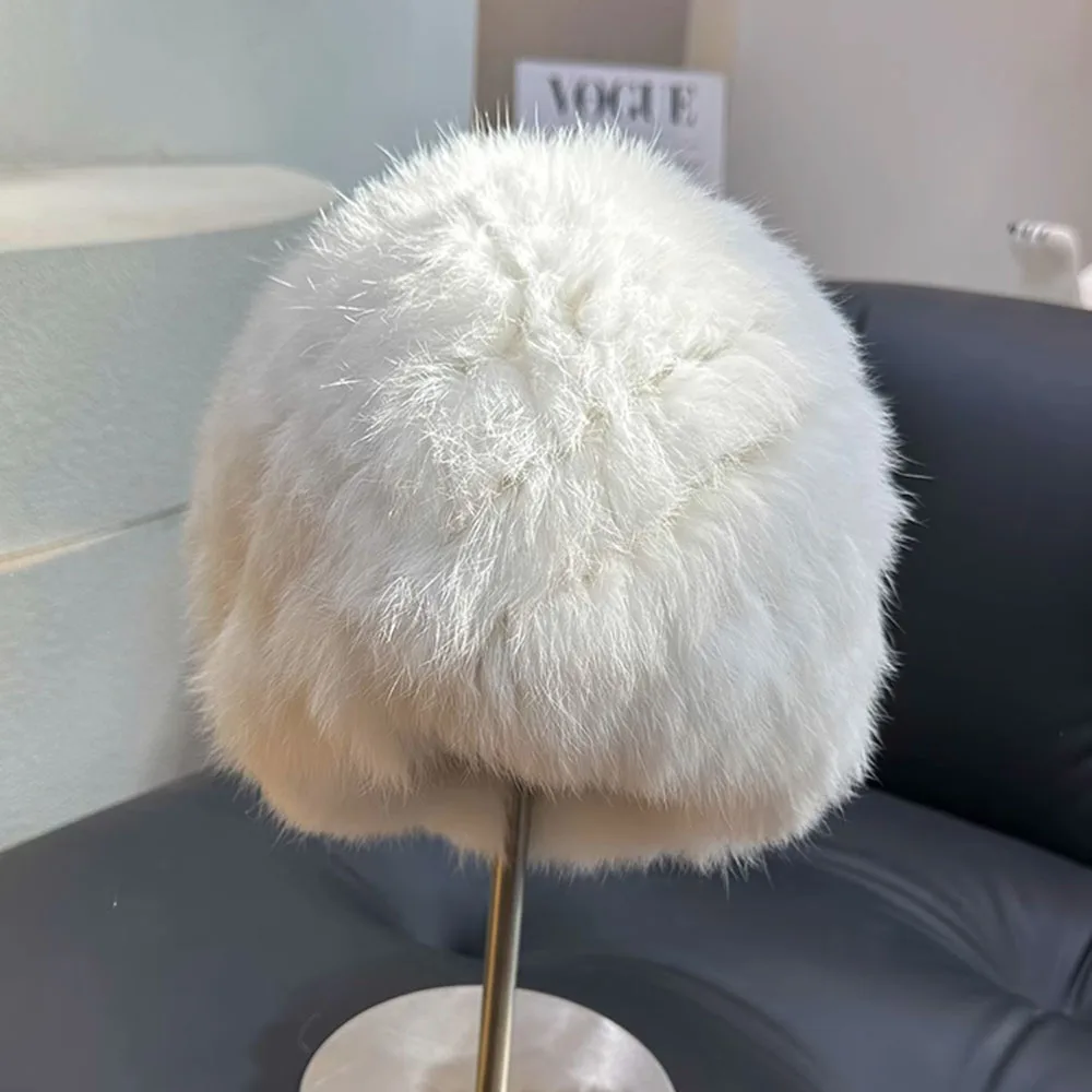 2024 New Fashion Russian Women Knitted Real Rabbit Fur Bomber Hats Winter Lady Warm Fluffy Rabbit Fur Hat Good Elastic Fur Caps