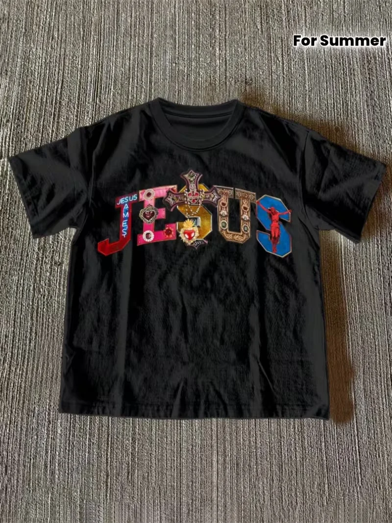 Women's Short Sleeved T-shirt Multi-Color Gemstone Cross & Jesus Graphic Print Women Crew Neck T-Shirt Unisex Casual Tops