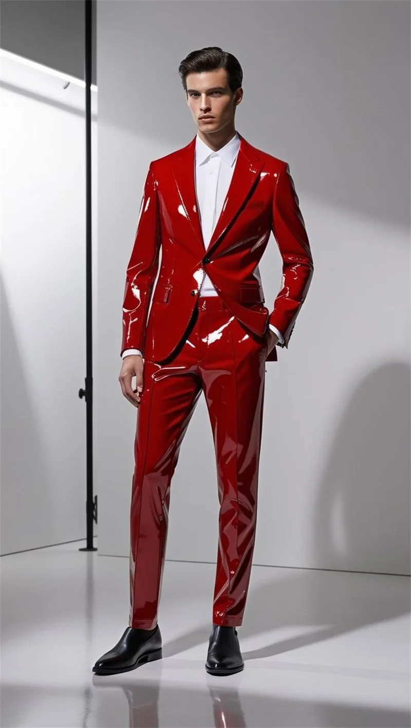 Bright PU Leather Men Suits Set 2 Piece Blazer+Pants Trousers Wedding Tuxedo Formal Office Groom Prom Jacket Business Coat