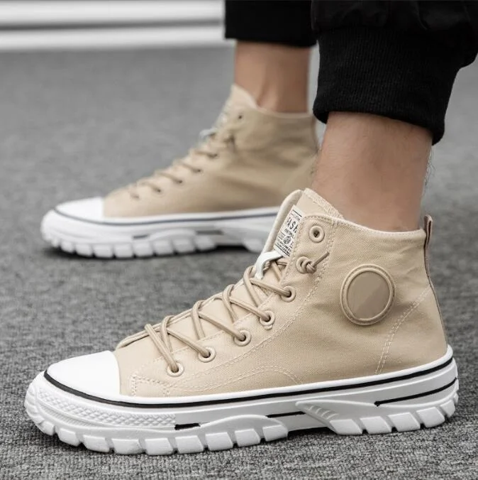 Fashion High Top Canvas Shoes Men Lace-up Sneakers With Platform Beige Black Gray Breathable Men Skateboard Trend Shoes