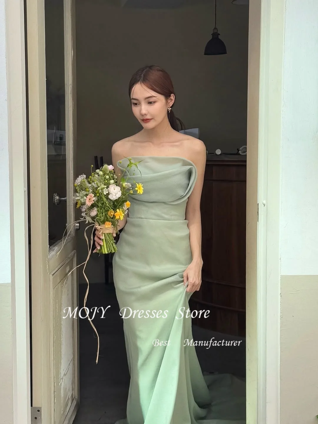 Mojy  Light Green Korea Wedding Dress Photo Shoot Strapless Floor Length Prom Gowns Vestidos Customized 웨딩드레스 Strapless