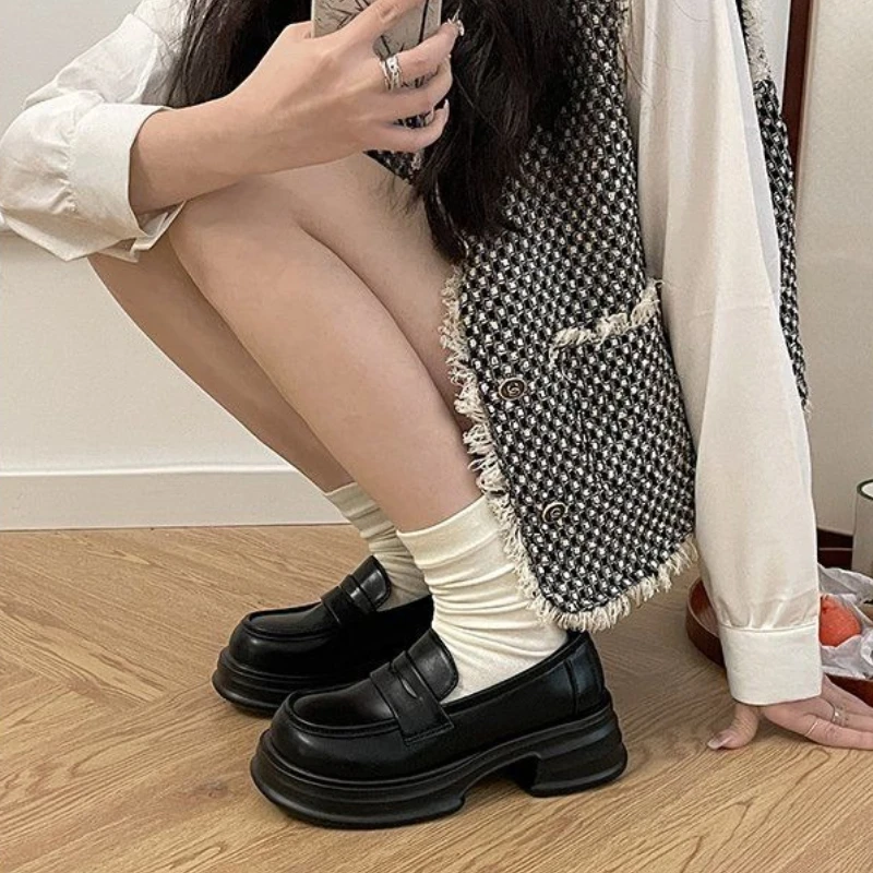 

Versatile Black Women's Round Toe Thick Sole Mini Leather Shoes Preppy British Style Loafers 2025 JK Shoes