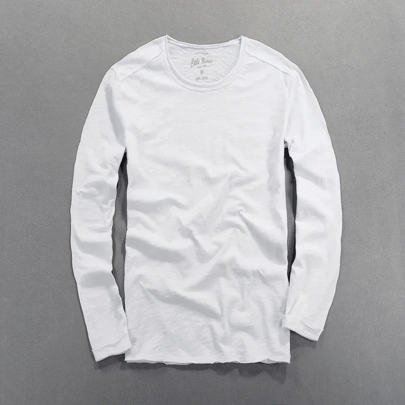 Long Sleeve T-shirt for Men Casual Basic Cotton Tshirt Solid Color O-Neck Pullover Tops Male Gray Best Seller Tees Clothing