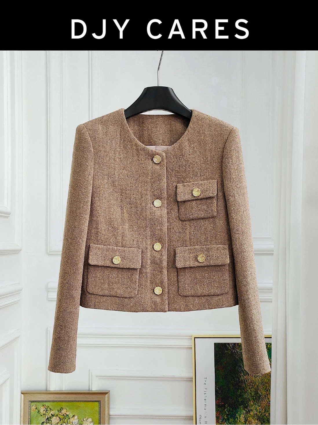 

New Coarse woolen brown three pocket jacket short top big size