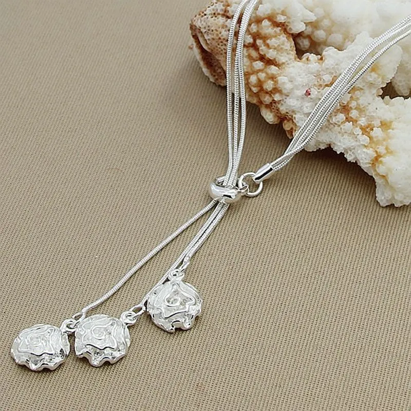 

925 Sterling Silver Snake Chain Three Roses Flowers Pendant Necklace For Women Engagement Wedding Fashion Charm Jewelry