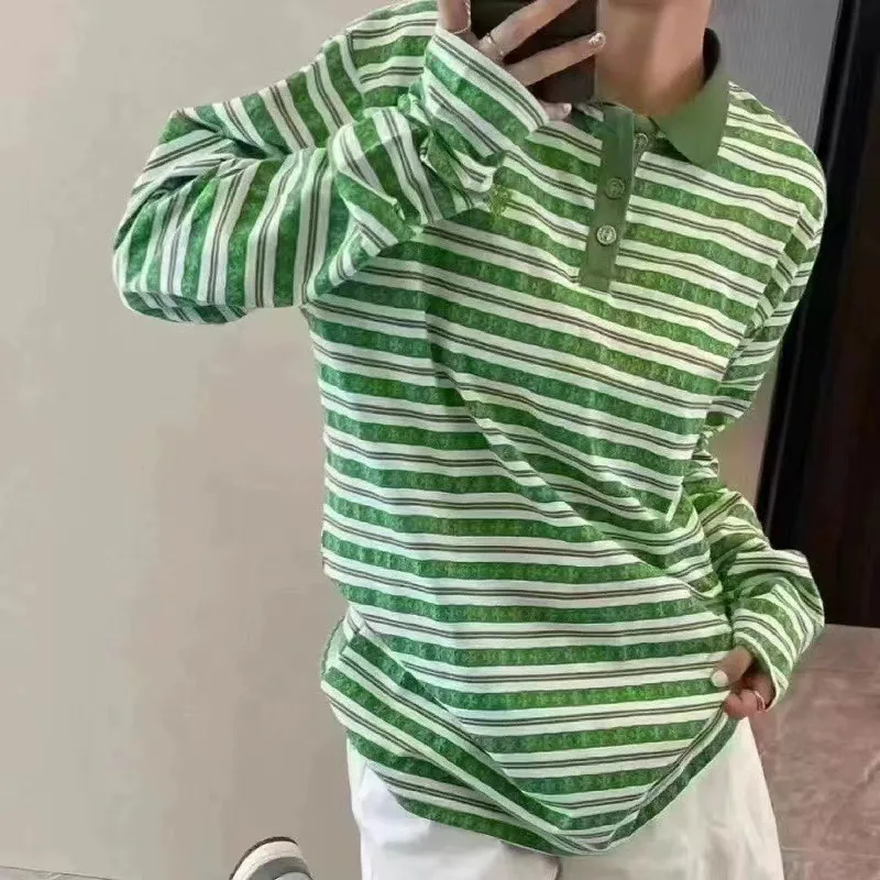Early Autumn Polo Striped Color Matching Loose Casual Long Sleeve T-shirt