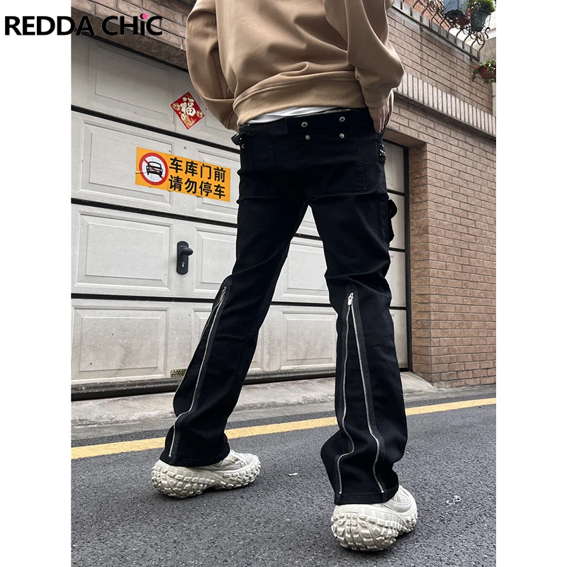 REDDACHiC Function Zipper Split Cargo Pants Men Retro Black Deconstructed Multi-pocket Patchwork Cleanfit Casual Straight Jeans