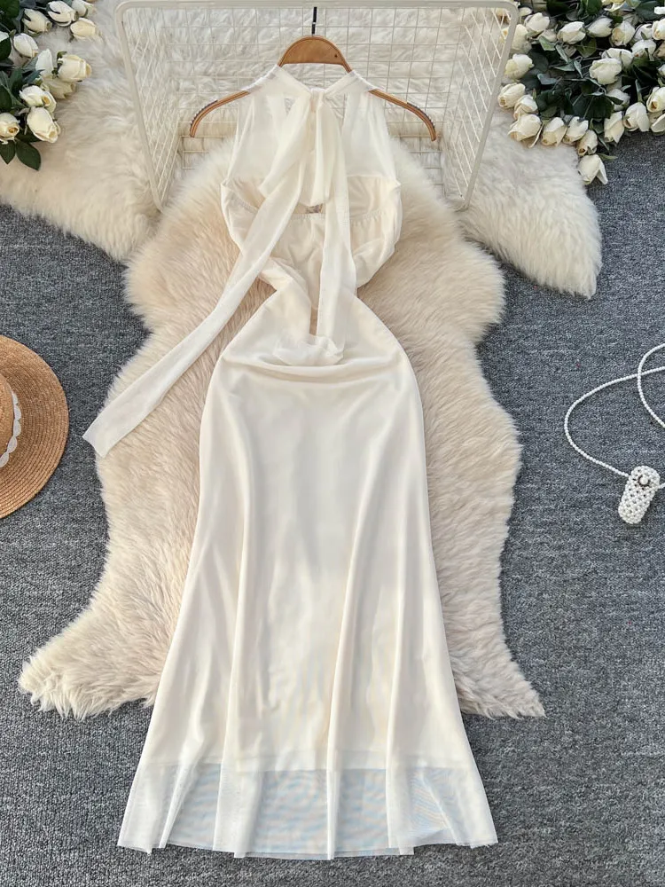 레이스 스플라이스 헤비 자수 메탈 블루 스트랩 여성용 하이웨이스트 A라인 드레스 슬림핏 출퇴근룩