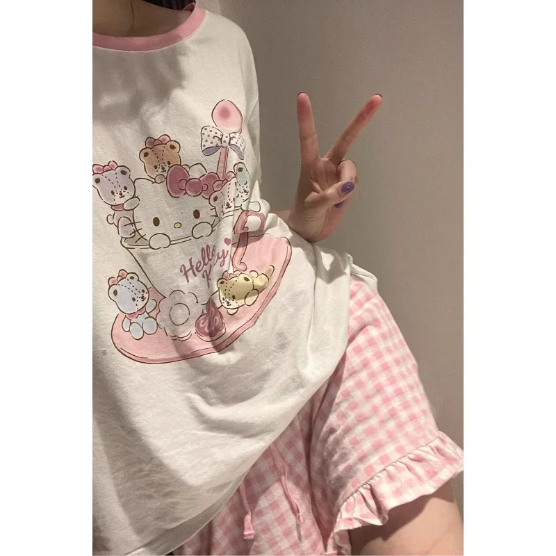 Sanurgente-Pyjama Hello Kitty pour Femme, Décontracté, Confortable, Respirant, Fin, Col Rond, Dessin Animé, Maison, Été, Nouveau