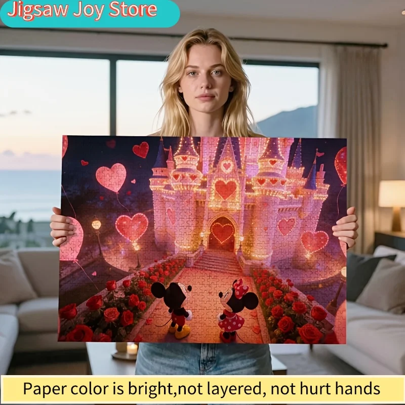 

2D Flat, Disney Mickey Minnie Castle Puzzle, 1000pcs Heart Lights, Art Deco Classic Cartoon Valentine'S Day Romantic Jigsaw, R