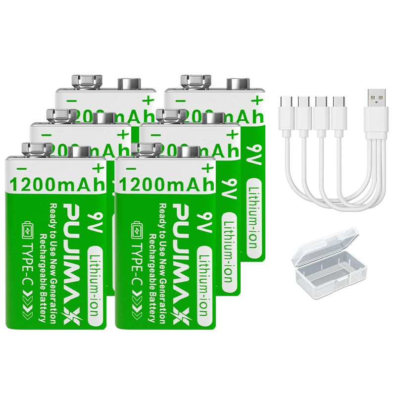 PUJIMAX 9V 1200mAh Hochleistungs-USB-C Lithium-Ionen-Akku Wiederaufladbare Batterie mit Typ-C-Kabel für Spielzeug Fernbedienung Kamera