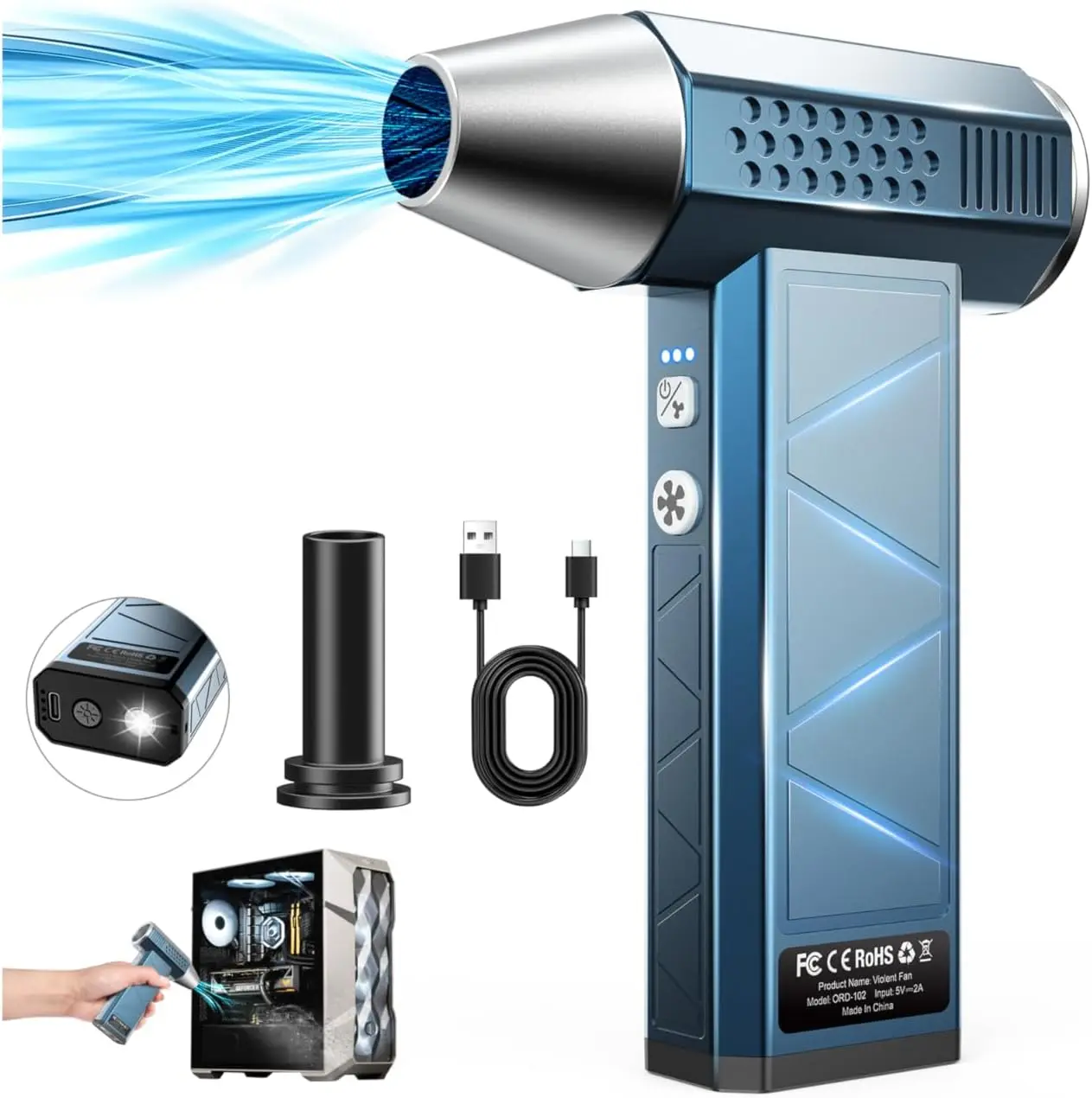 

Powerful Electric Air Duster with LED Light, 4-Gear Rechargeable Blower for Computer, Keyboard, Car Cleaning