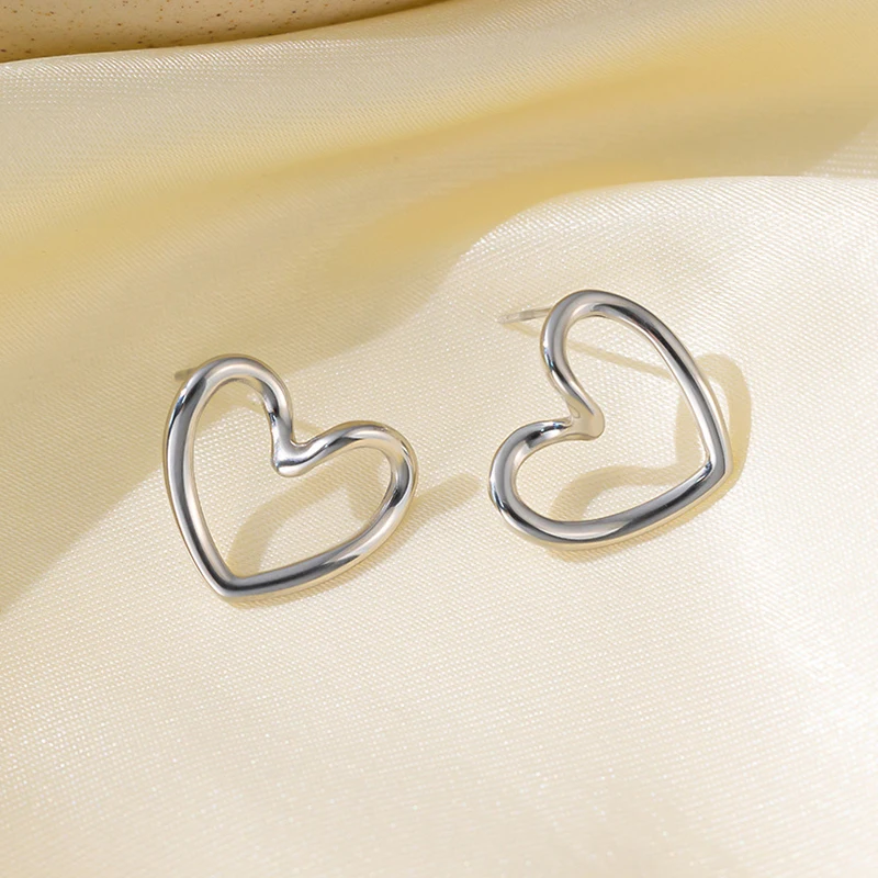ANENJERY 316L Stainless Steel Hollow Distorted Heart Necklace Earrings for Women Simple Fashion Jewelry Set Wholesale