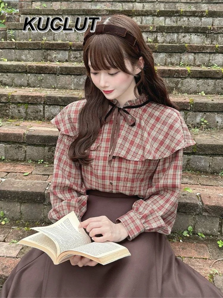 

Ретро японский стиль весна осень женские топы с рюшами воротник-стойка клетчатая рубашка с длинными рукавами модные повседневные блузки Femme