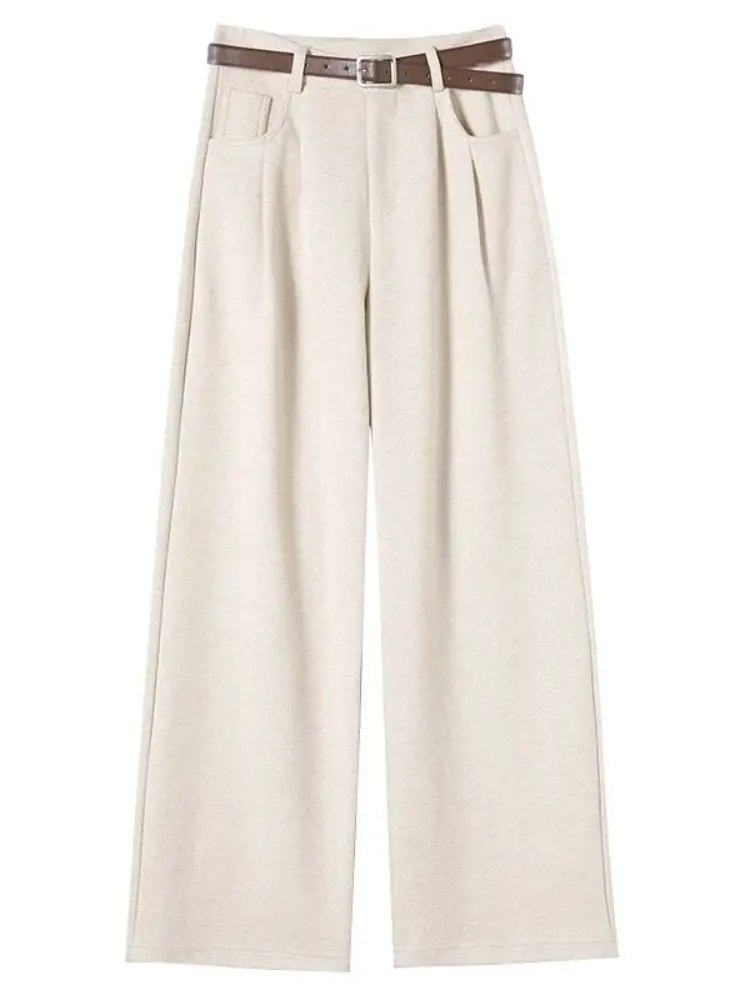 بنطلون نسائي واسع الساق بخصر مرتفع للخريف والشتاء، بنطلون بدلة فضفاض مبطن بنمط مطبوع كاجوال...