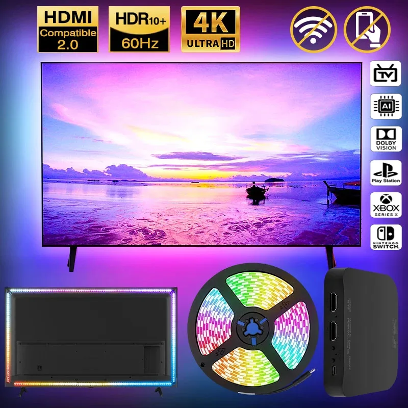 2024 TV LED Backlight With TV Picture Sync Box LED Strip Light Kit RGB Ambient Led Light Strip For 4K HDMI-Compatible 2.0 Device