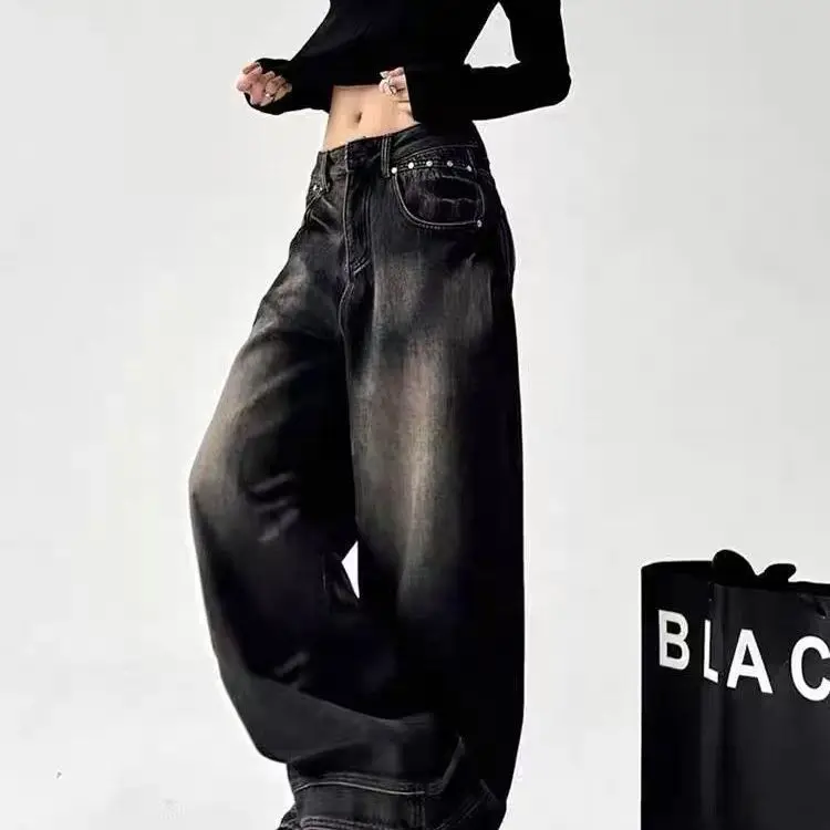 

American Trendy Punk Plus Size Loose Jeans Women's Design Straight Leg Wide Leg Pants Vintage Y2K Aesthetic Jeans Streetwear